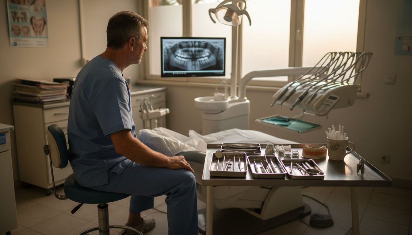 Dentist reviewing x-ray in dental clinic