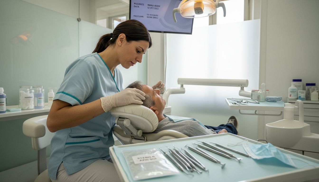 L’igienista dentale si prepara per effettuare la pulizia dei denti.