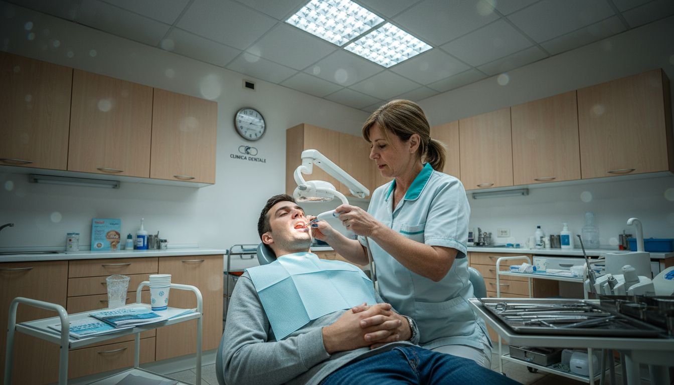 Il dentista si prepara a eseguire un trattamento sbiancante sicuro per i denti.