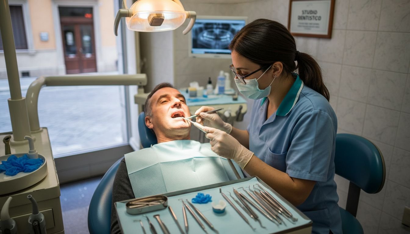 L’igienista dentale si prende cura dell’igiene orale di un paziente durante una seduta in studio.