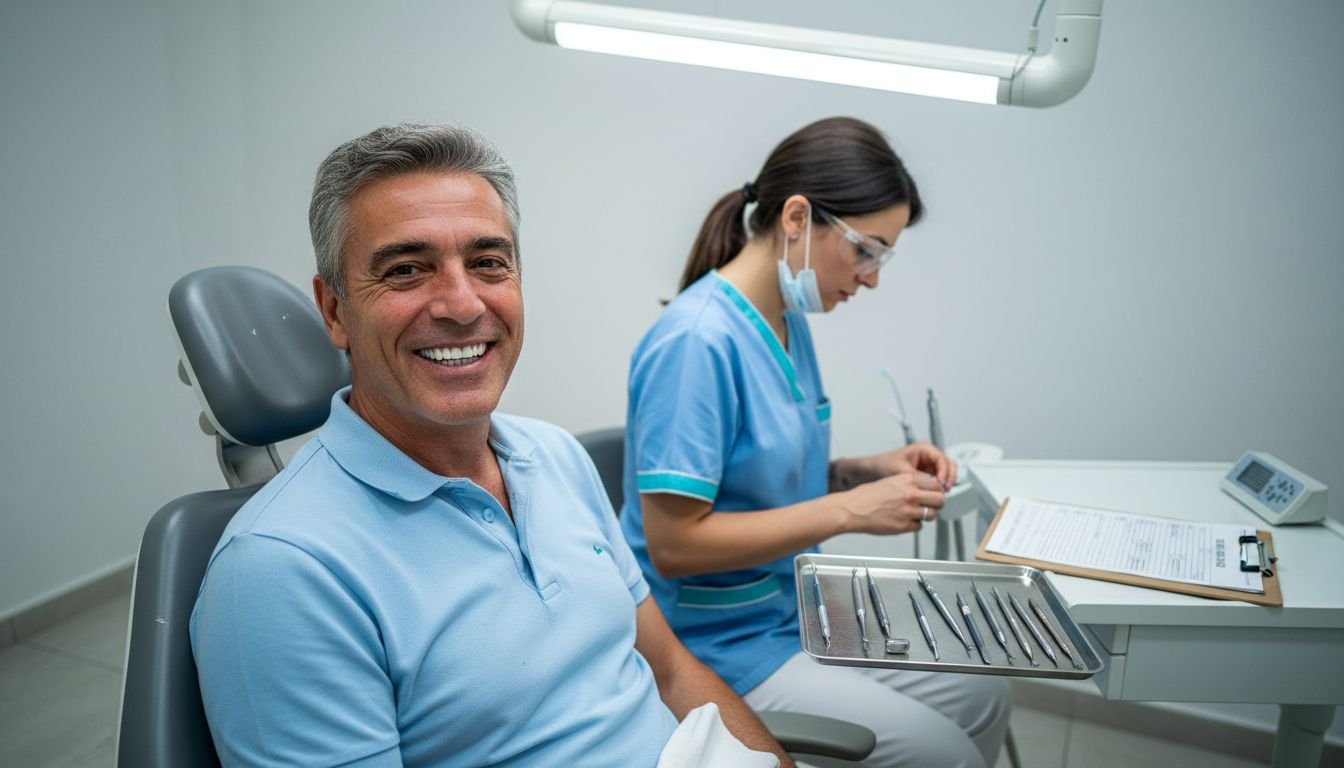 Uomo che sorride felice dopo aver messo gli impianti dentali nello studio dentistico