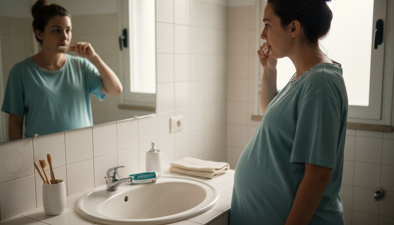 Una donna incinta si lava i denti davanti allo specchio del bagno.
