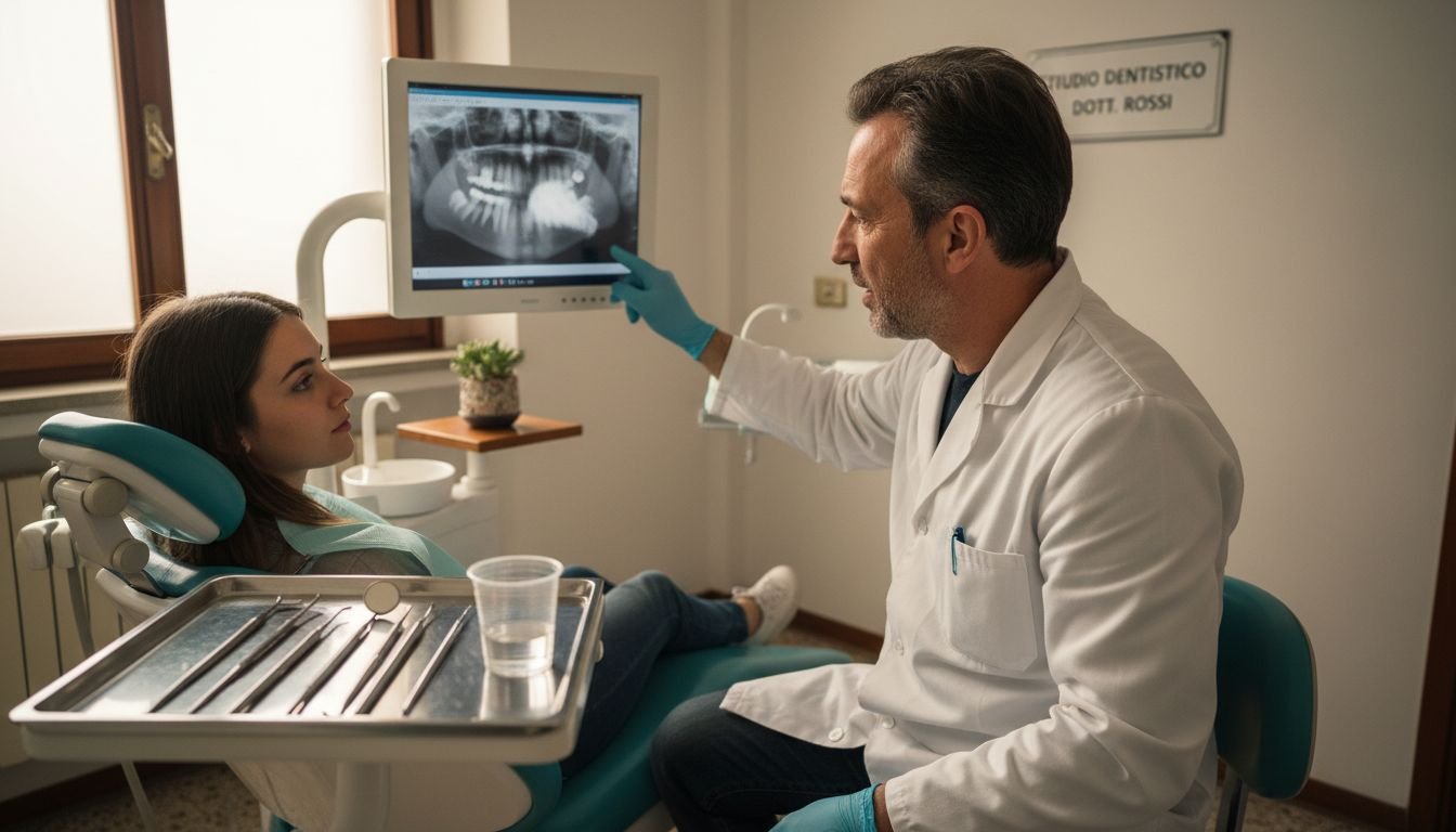 Il dentista parla con il paziente del problema della sensibilità dentale, spiegando le possibili cause e consigliando come affrontarla al meglio.