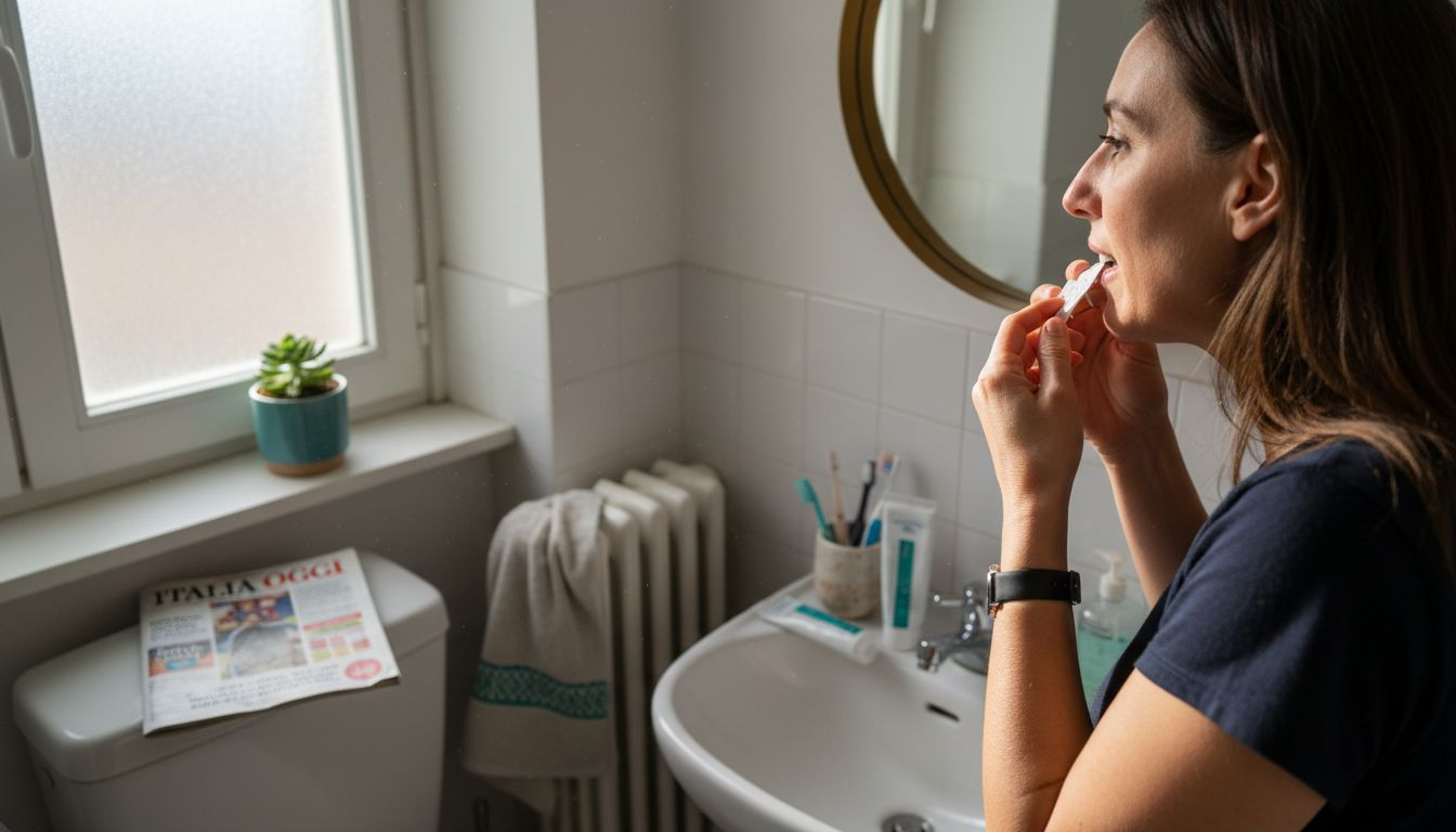 Donna che si applica le strisce sbiancanti sui denti comodamente a casa