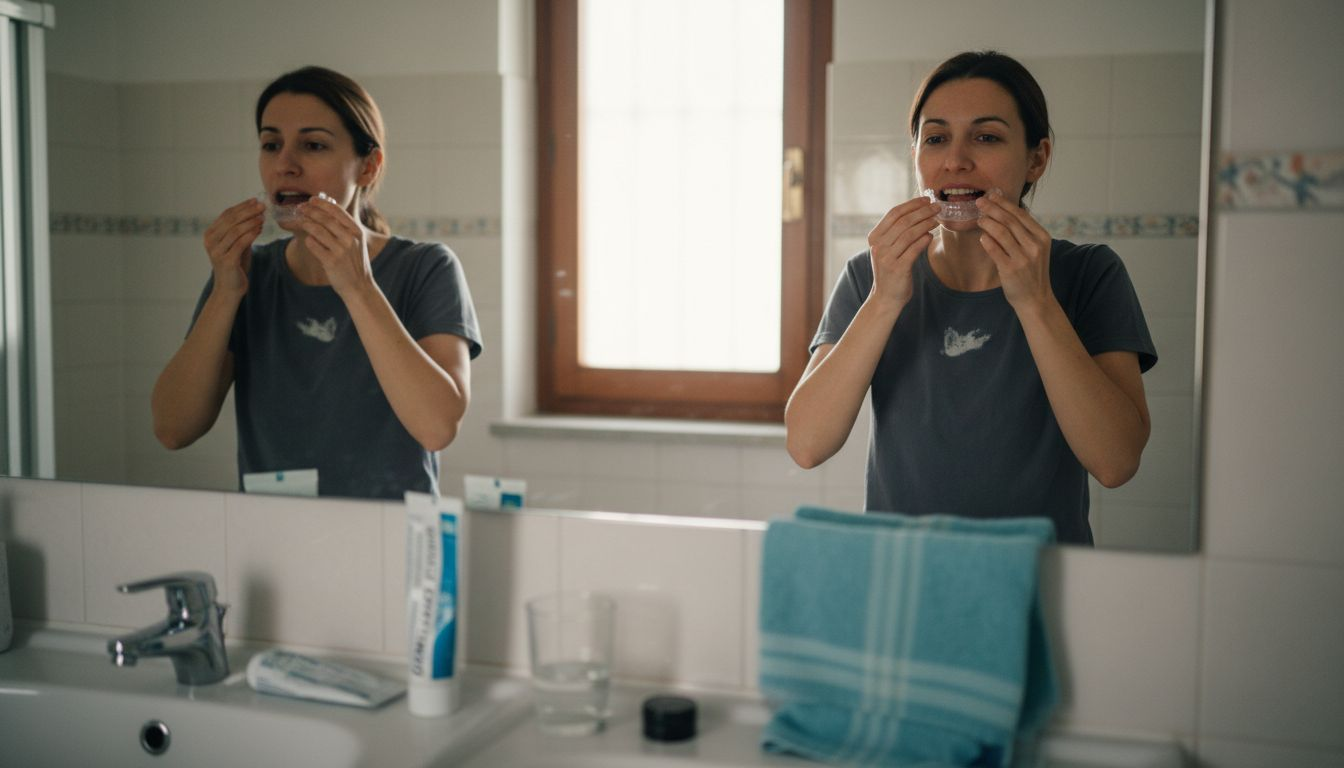 Donna che si prende cura del sorriso applicando un gel sbiancante sui denti davanti allo specchio del bagno.