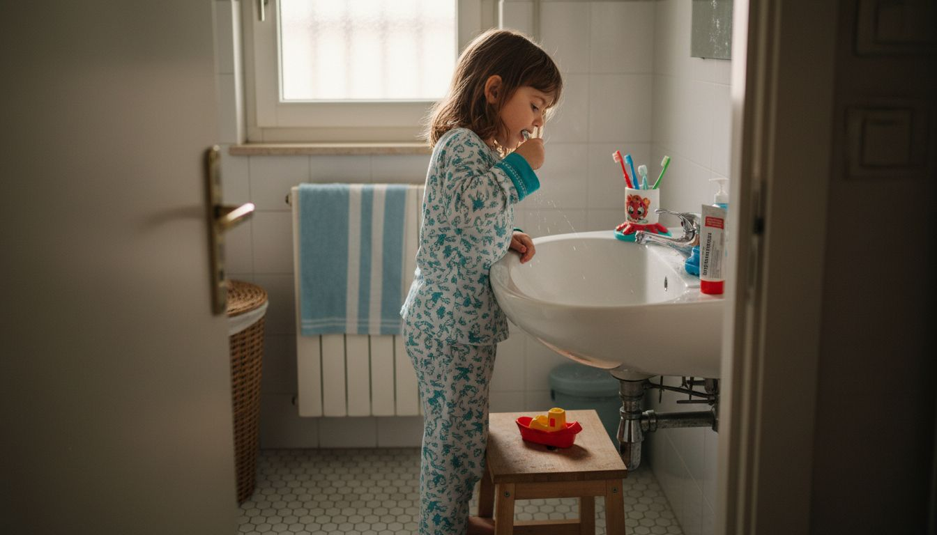 Un bambino si lava i denti in un bagno luminoso, circondato dall’atmosfera accogliente della sua famiglia.
