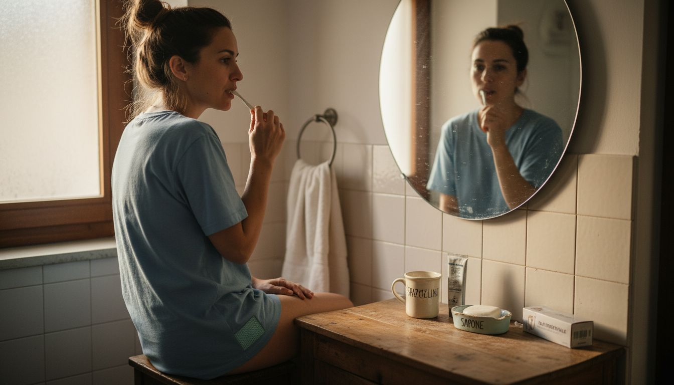 Una donna si lava i denti davanti allo specchio del bagno, appena sveglia al mattino.