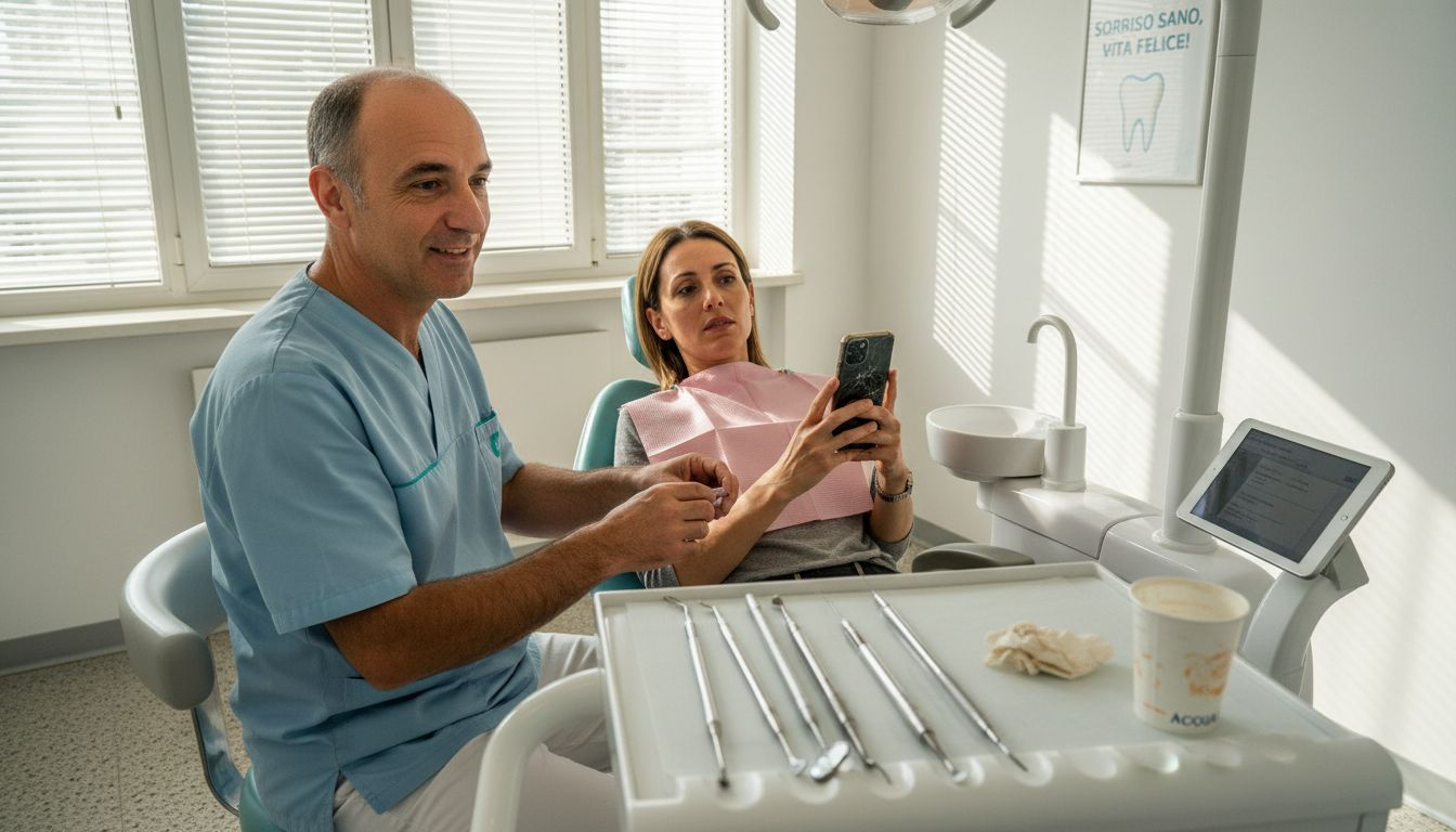 Il dentista si prepara a eseguire la pulizia del tartaro al paziente.