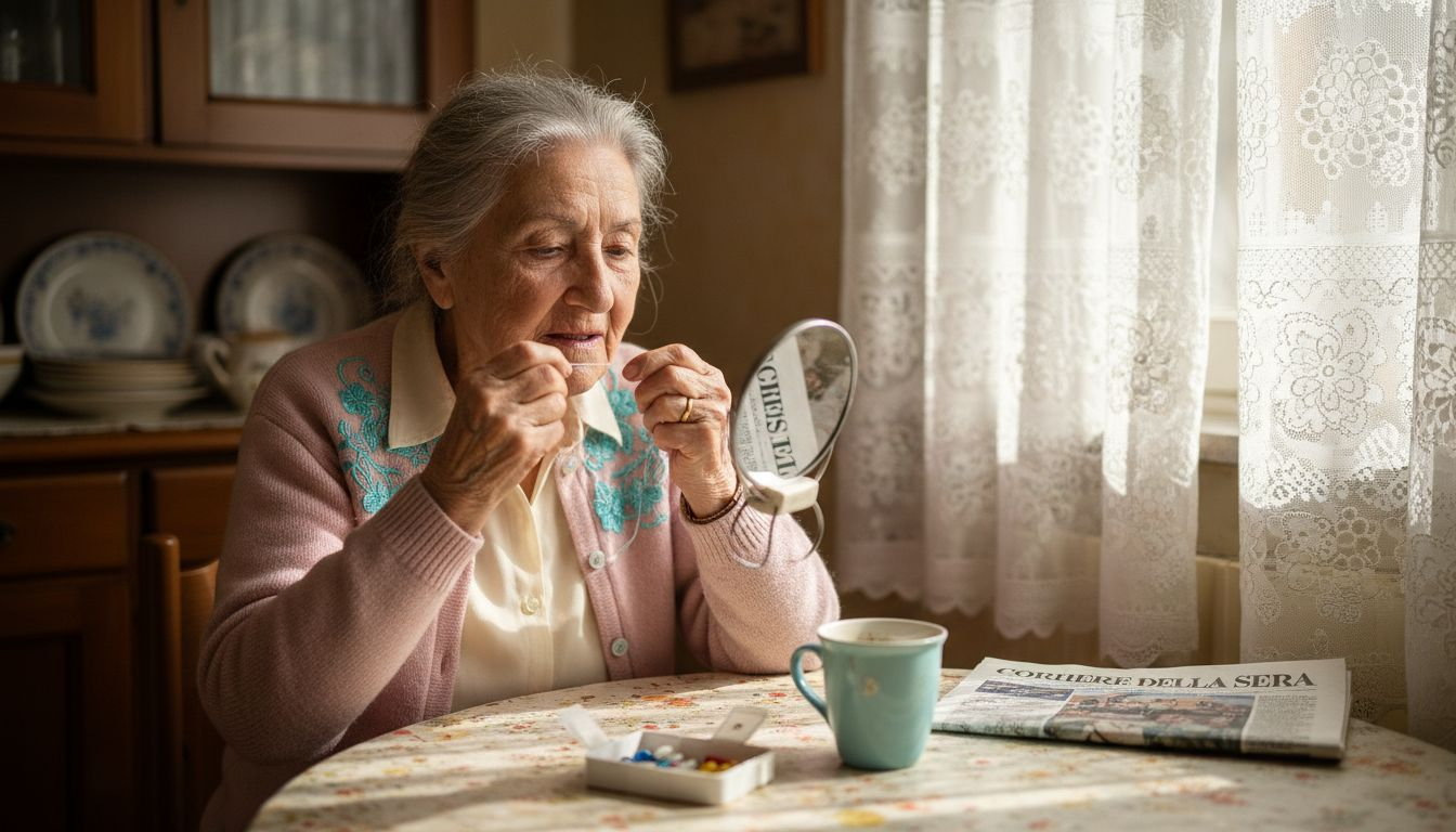 Una signora anziana si prende cura della sua igiene dentale seduta al tavolo della cucina, passando il filo interdentale con attenzione.