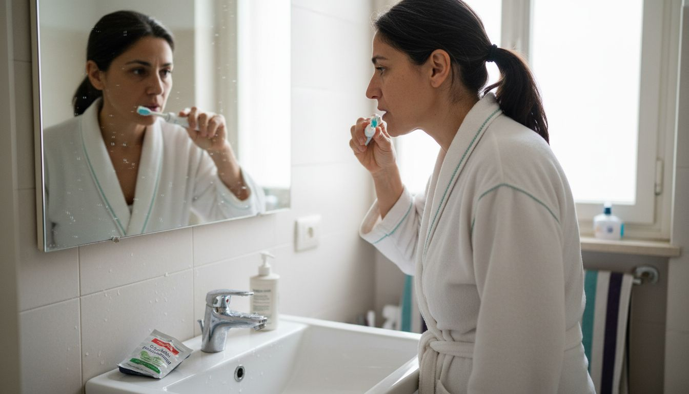 Donna che segue la sua routine quotidiana di igiene orale con spazzolino, dedicando particolare attenzione alla pulizia degli impianti dentali fissi.
