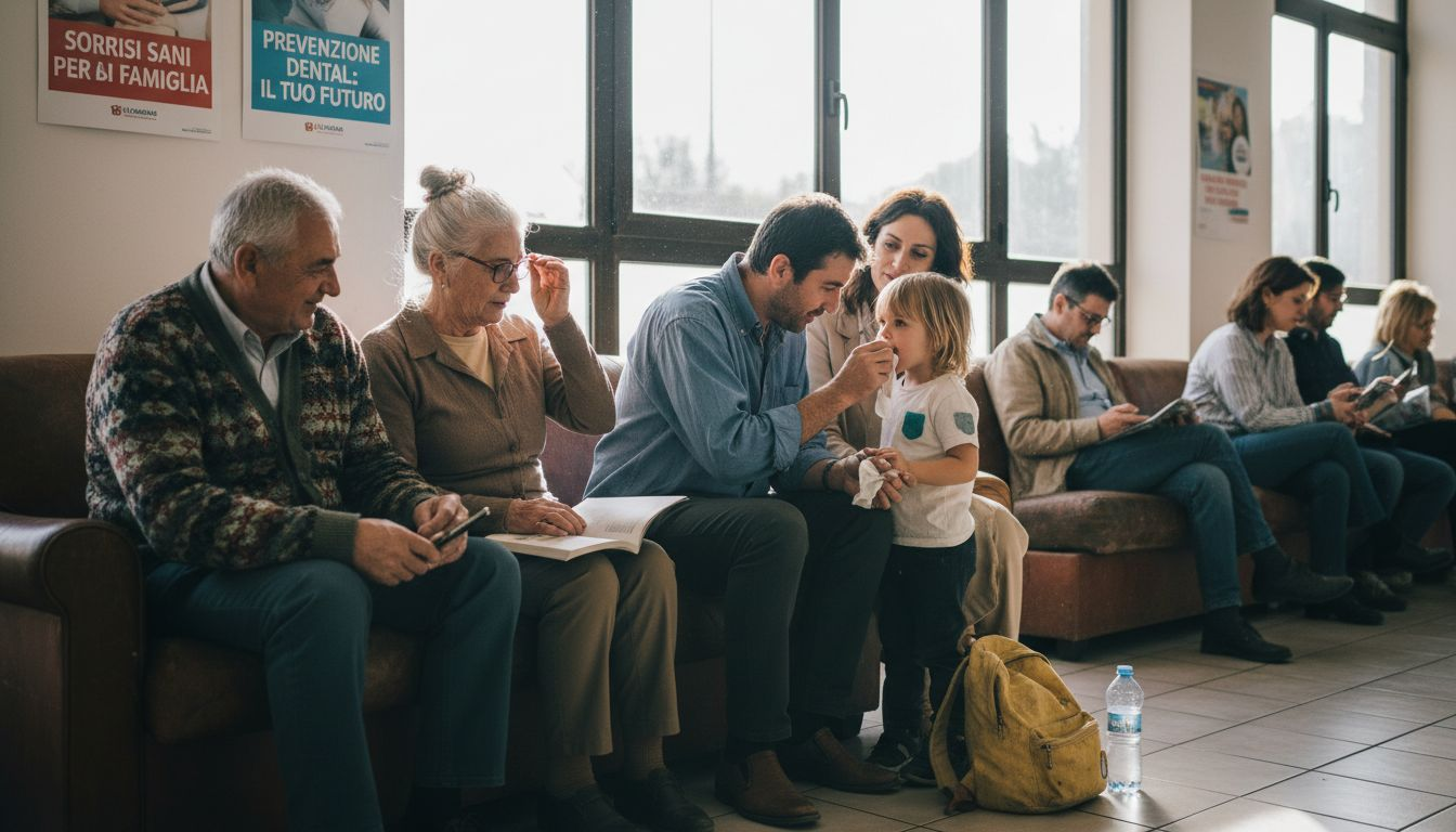 Una famiglia seduta insieme nella sala d’attesa dello studio dentistico.