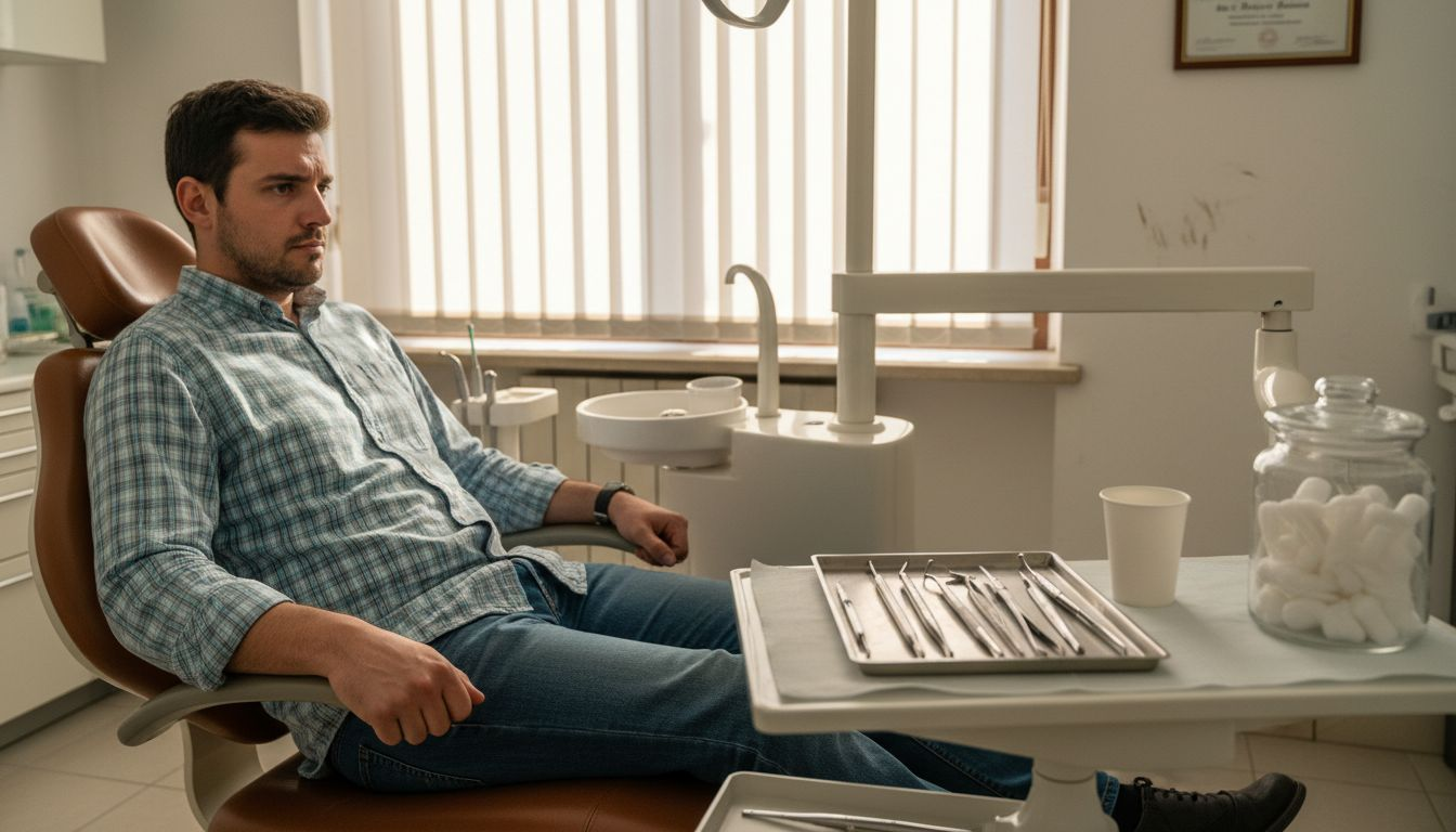 Un paziente seduto sulla poltrona del dentista aspetta con un po’ di ansia il suo turno.