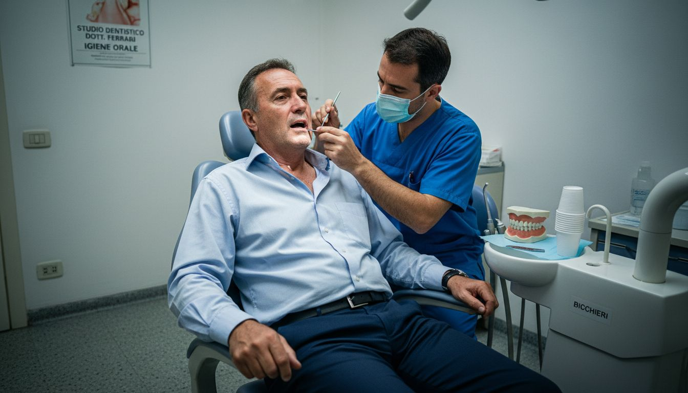 Un paziente adulto si sottopone a una visita odontoiatrica per controllare la salute delle gengive.