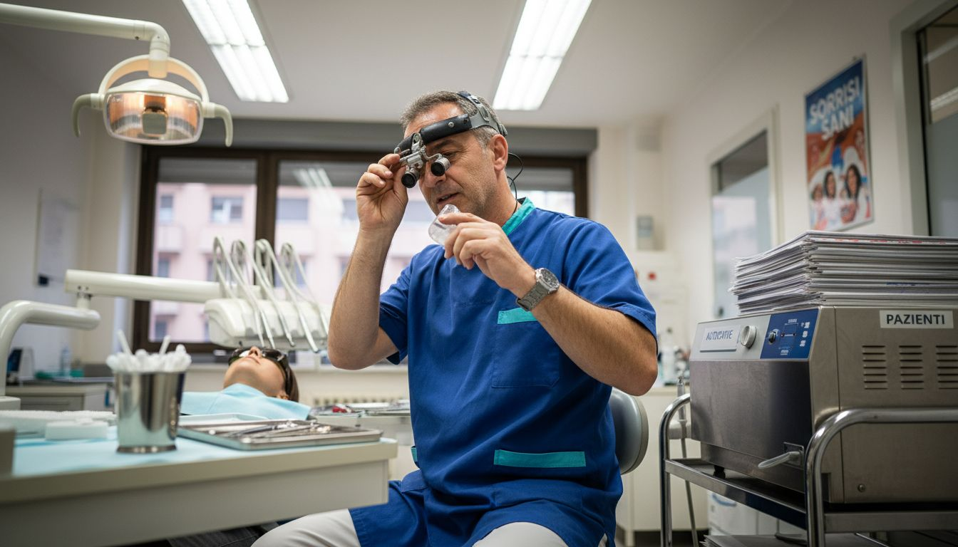Il dentista si sta preparando per effettuare un trattamento sbiancante direttamente alla poltrona, assicurandosi che tutto sia pronto per offrire al paziente un sorriso più luminoso.