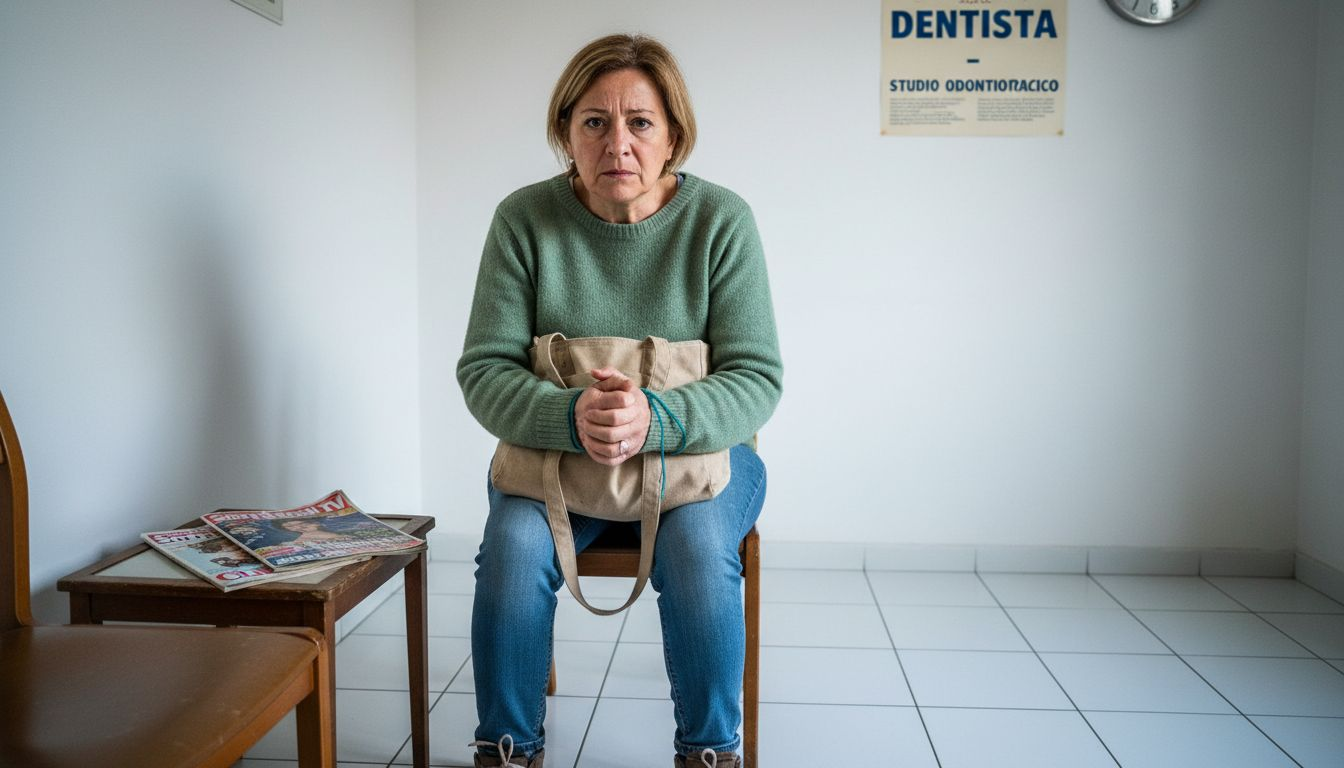 Una donna visibilmente agitata aspetta il suo turno nella sala d'attesa del dentista.